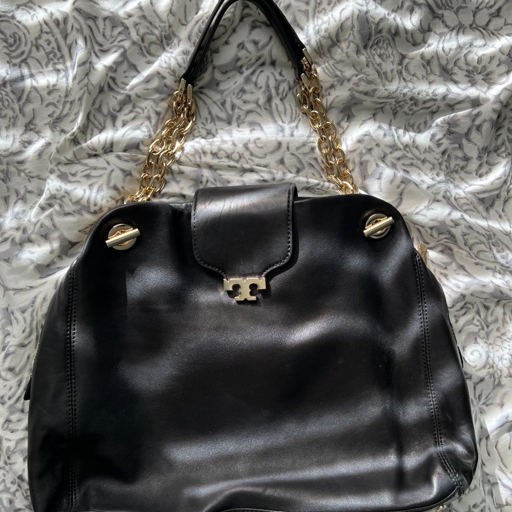 TORY BURCH LARGE BLACK LEATHER TOTE
